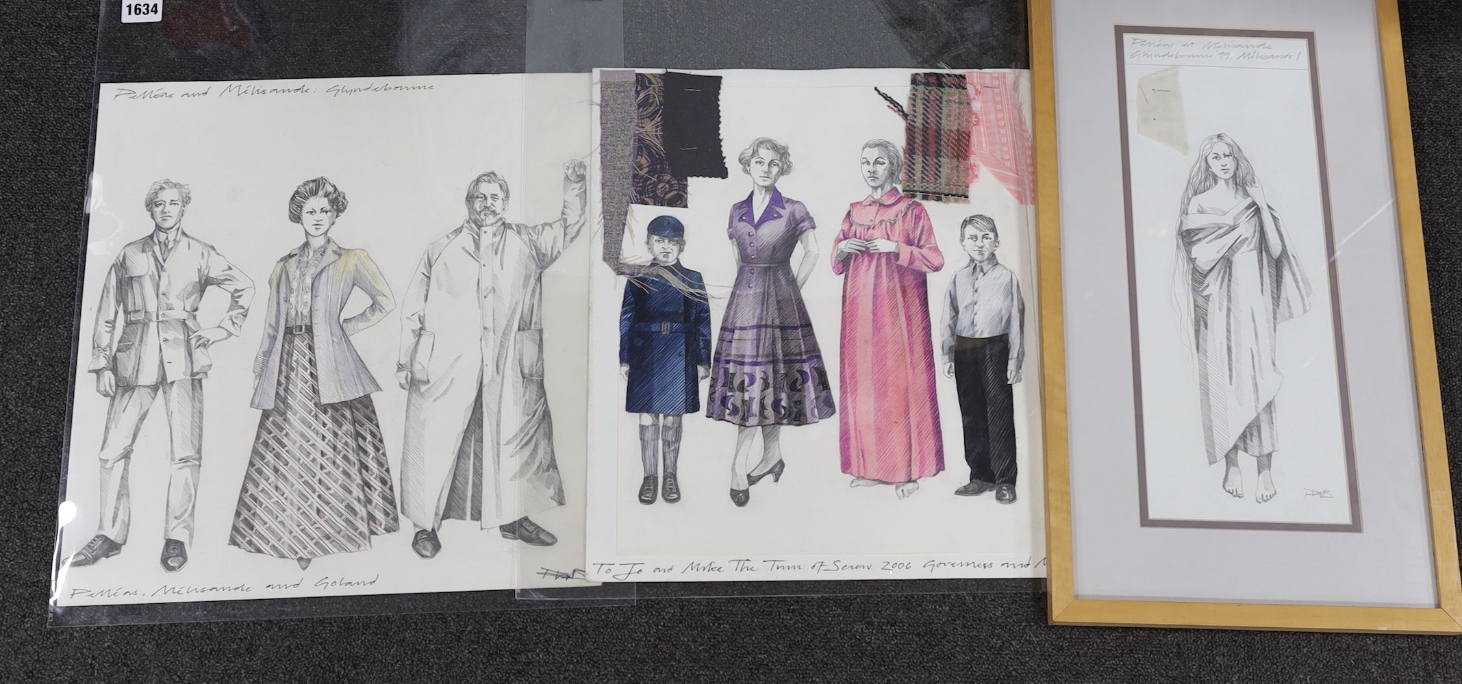 Paul Brown (1960-), pencil and wash, three costume designs for Pelléas et Melisande, Glyndebourne 1999, signed and inscribed, 40 x 38cm, unframed and 38 x 15cm, framed